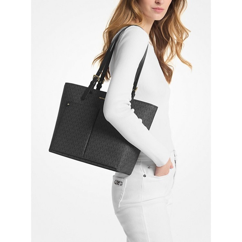 Michael Kors Jet Set Medium Logo Pocket Tote Bag~MK LOGOS~BLACK~NWT - Picture 2 of 6